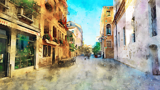 Beautiful view of the Venetian street, buildings, shops and cafes and passers-by. Color watercolor drawing. The streets of the old European city. Art postcard with views of Venice and Italy