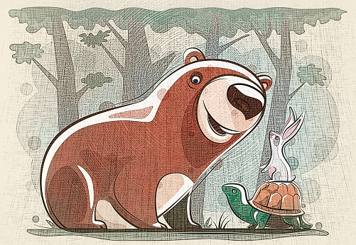 digital painting / raster illustration of bear meeting rabbit and tortoise