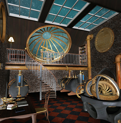 Observatory in a steampunk style with big windows and machines – 3D render