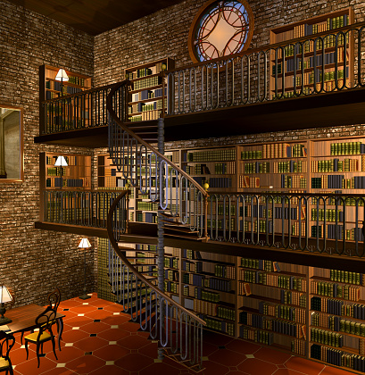 Rich book collection in a steampunk room - 3D render