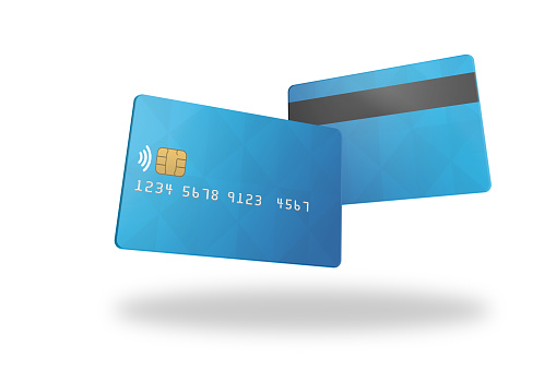 Blue credit card isolated on white background.