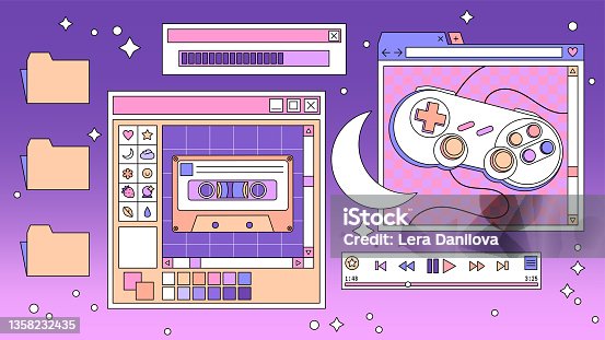 istock Linear retro vaporwave desktop wallpaper. Abstract vintage aesthetic background. Modern comic illustrations. Trendy, nostalgic, colorful style 80s, 90s. Posters, social media posts, story template. 1358232435
