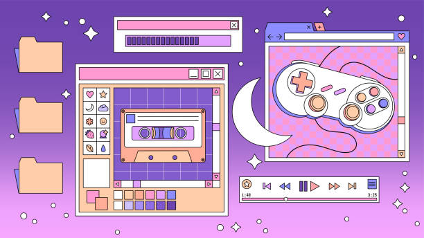 Linear retro vaporwave desktop wallpaper. Abstract vintage aesthetic background. Modern comic illustrations. Trendy, nostalgic, colorful style 80s, 90s. Posters, social media posts, story template. Vector illustration computer backgrounds stock illustrations