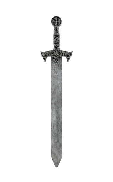 средневековый меч, изолированный на белом с обрезным контуром - sword стоковые фото и изображения