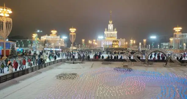 Huge ice rink in Moscow exhibition of achievements of national economy, evening