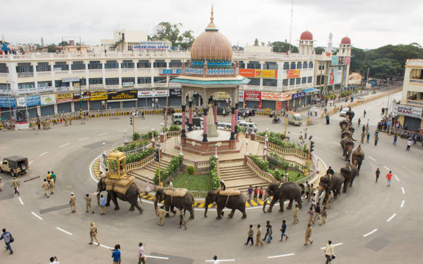 uma cena enfeitiçante do famoso memorial do marajá em mysore durante o festival de dussehra, onde os elefantes reais do palácio são levados para um passeio em karnataka, índia. - architecture asia asian culture bangalore - fotografias e filmes do acervo