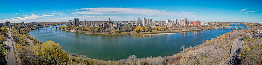 Aerial view of the Central Business District which is Saskatoon's bustling neighborhood of downtown living and business development. If you love the thriving energy of your neighborhood streets lined with coffee shops, restaurants, shopping, gorgeous Meewasin, skating rink, river, trails and nightlife then this community is for you.