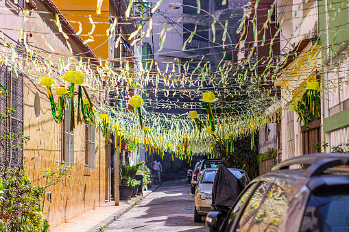 street decorated for the soccer world cup in Rio de Janeiro, Brazil -June 23, 2018: typical street decoration for the soccer world cup in Rio de Janeiro.