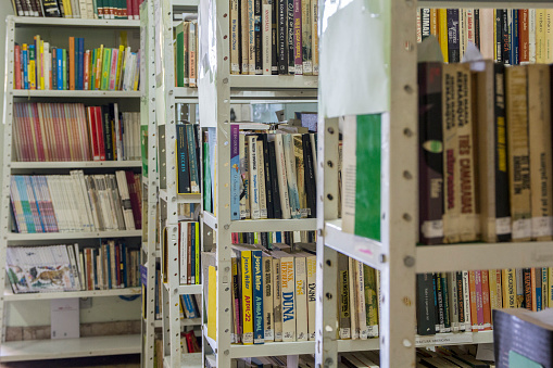books in a library in Rio de Janeiro, Brazil - May 3, 2016: books in a popular library in Copacabana neighborhood in Rio de Janeiro.
