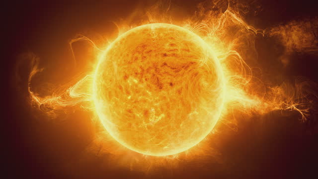 Close up of sun or star with erupting solar flares. 3D animation.