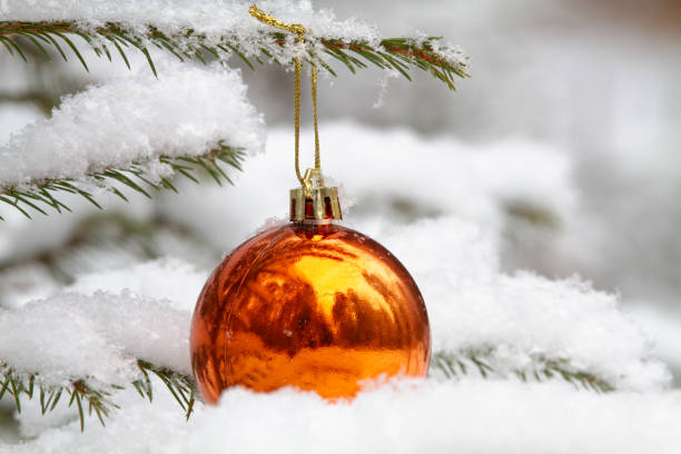 istock the toy is hanging on a Christmas tree covered in snow 1358243067