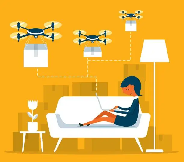 Vector illustration of Businesswoman - Quadcopter Remote Freight Shipping