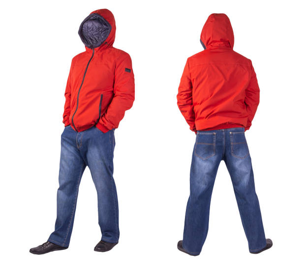 istock dark blue jeans, black leather shoes, jacket isolated on white background. 1358247070