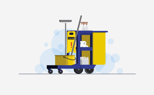 Vector illustration of detailed cleaning cart with  Bucket, Mop ,Caution Sign,Paper Roll,Spray Bottle vector art illustration