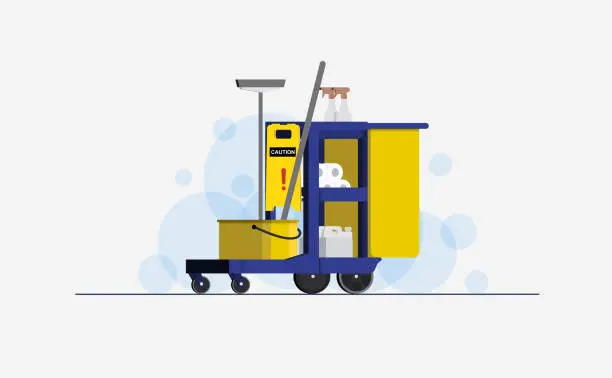 Vector illustration of Vector illustration of detailed cleaning cart with  Bucket, Mop ,Caution Sign,Paper Roll,Spray Bottle