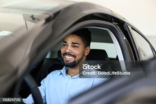 istock Male customer testing a car in a dealership 1358247135