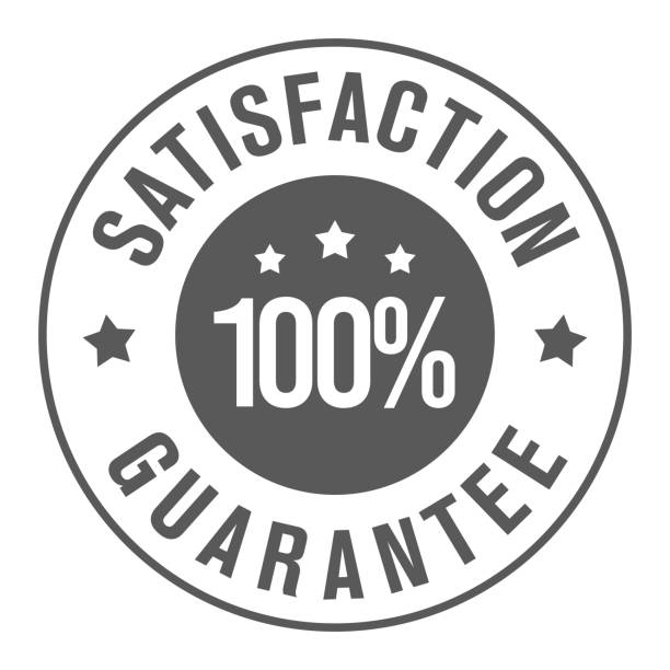 ilustraciones, imágenes clip art, dibujos animados e iconos de stock de la simple satisfacción circular del 100% garantiza un diseño minimalista, aislado sobre fondo blanco. diseño vectorial. - satisfaction guaranteed