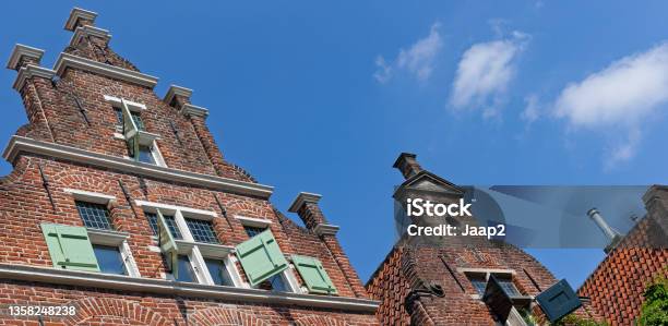 Dutch Monumental Facades Against A Blue Sky In Deventer Stock Photo - Download Image Now