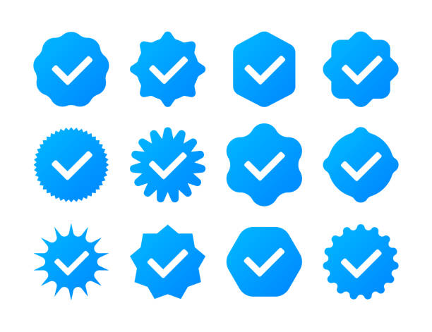 ilustraciones, imágenes clip art, dibujos animados e iconos de stock de conjunto de iconos de insignia de marca de verificación azul. colección de iconos de verificación. ilustración vectorial. - check mark ok symbol blue