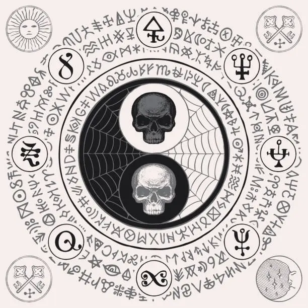 Vector illustration of yin-yang symbol with human skulls and cobwebs