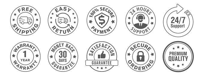 This set of trust badges will reassure customers that the site is secure and trustworthy. E-commerce; store; retail; product security badges are like “virtual or physical stickers” that are added to online or offline products to call attention to special information about a product or service.