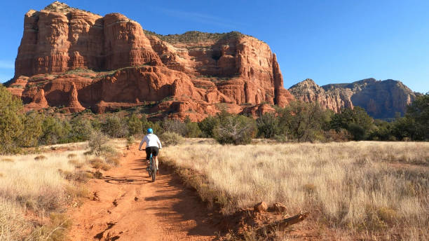 istock Female mountain biker follows trail, in desert 1358251126