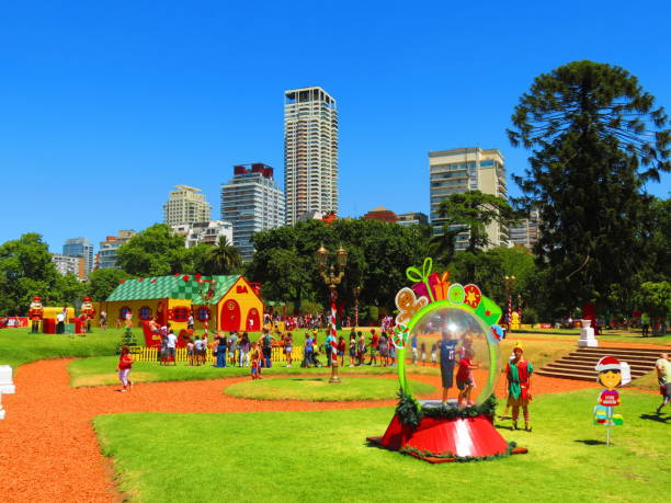 People at the Christmas Wonderland Park in Buenos Aires city. Christmas in Argentina. stock photo
