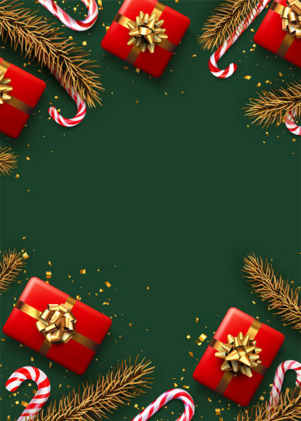 istock Striped candy cane sticks with golden spruce branch and gift box. 1358254700