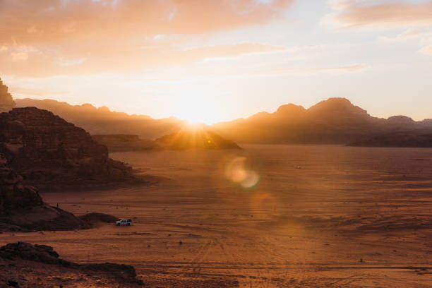 Admiring the scenic Martian landscape of Wadi Rum desert stock photo
