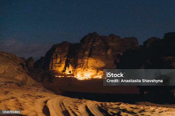 Magical Night At The Bedouin Camp Between The Rocks In Wadi Rum Desert Stock Photo - Download Image Now