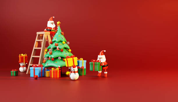istock Santa Claus and snowman decorates the Christmas tree surrounded by gift boxes on red background. Holiday Christmas new year concept. 3d rendering 1358255366