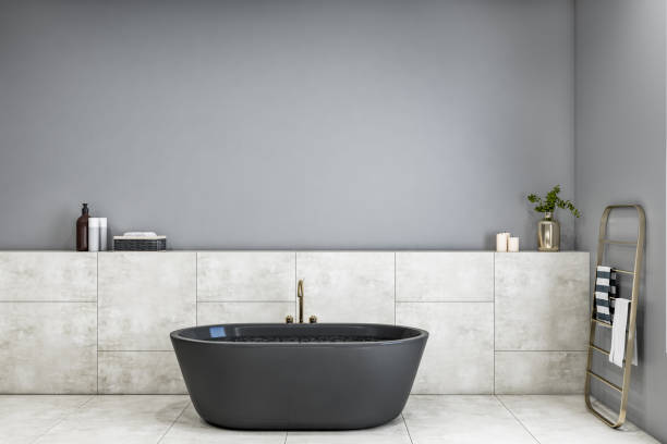 istock Modern concrete luxury bathroom interior with empty mock up place and various objects. Hotel and luxury home concept. 3D Rendering. 1358255392