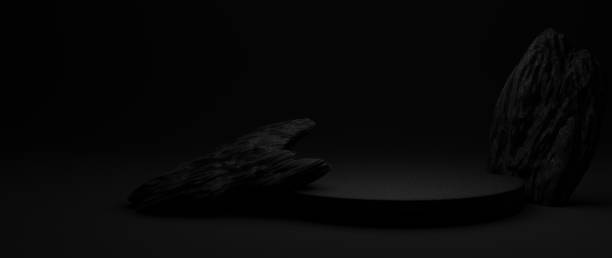 istock Empty angled podium or pedestal display on black background with stand concept, Blank product shelf montage standing backdrop 3D rendering 1358255640