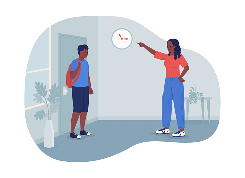 Setting curfew for teenager 2D vector isolated illustration. Angry mother scolding boy for being late flat characters on cartoon background. Managing teenage son responsibility colourful scene