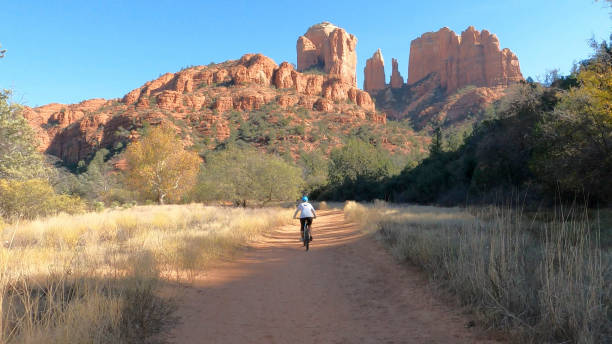 istock Female mountain biker follows trail, in desert 1358257163