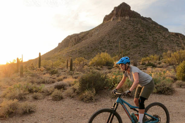 istock Female mountain biker follows trail, in desert 1358260043