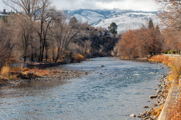 Truckee River near Wingfield Park in downtown Reno, Nevada Truckee River near Wingfield Park in downtown Reno, Nevada in late autumn. Barren trees, Snowcapped mountains and cloudy skies are in the background. truckee river photos stock pictures, royalty-free photos & images