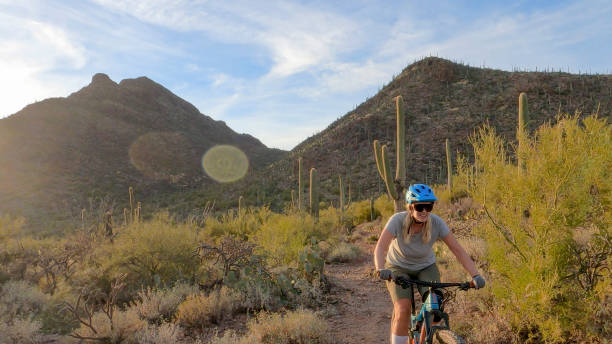 istock Female mountain biker follows trail, in desert 1358260896