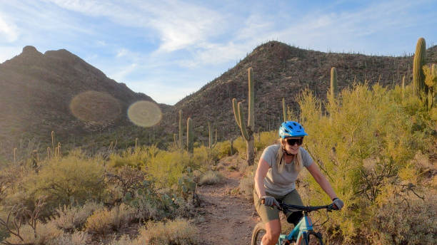 istock Female mountain biker follows trail, in desert 1358261012