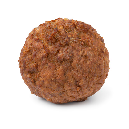 Single baked meatball isolated on white background close up