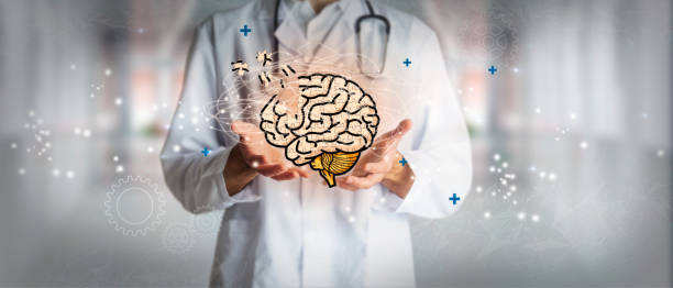 Neurology doctor holding a brain in concept of dementia and mental health. Medical future technology and innovative concept. 3D Render stock photo