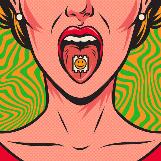 ilustraciones, imágenes clip art, dibujos animados e iconos de stock de mujer con la boca abierta y el sello lsd en la lengua. viaje de drogas. estilo cómico. plantilla para tarjeta, póster, banner. - lsd