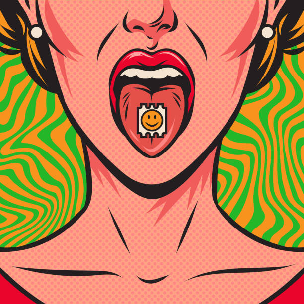 Woman with mouth open and lsd stamp on tongue. Drug trip. Comic style. Template for card, poster, banner. Woman's face with open mouth and lsd stamp with a smile on her tongue, and psychedelic background. Acid drug. Vector pop art hand drawn retro illustration. hallucinogen stock illustrations