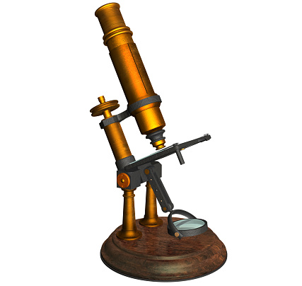 3D Rendering Illustration of an Antique Early XIX Century Microscope; integrated by a wooden base, metal components, bronze and copper cylinders, various lenses and magnifying glass.