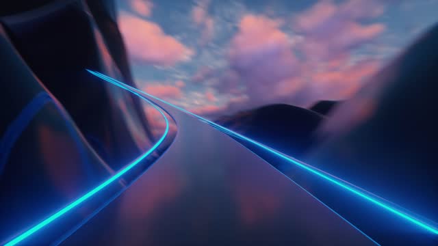 4K Moving through the abstract glossy ice mountains on a sunset background. Riding on Roller-Coaster with blue Neon Lights Extremely Fast Seamless. Looped 3d Animation of Abstract Roller Coaster