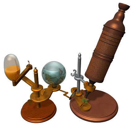3D Rendering Illustration of a  Microscope designed and use by Robert Hooke in the middle of XVII century; with wooden bases and parts, mobile metal components, removable lenses, crystals & oil lamp.