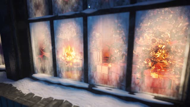 New year and Christmas background. Christmas tree, gifts, fireplace scene through frozen window. Traditional scene with presents under the tree and fire in fireplace. Christmas Eve. 3d animation of 4K