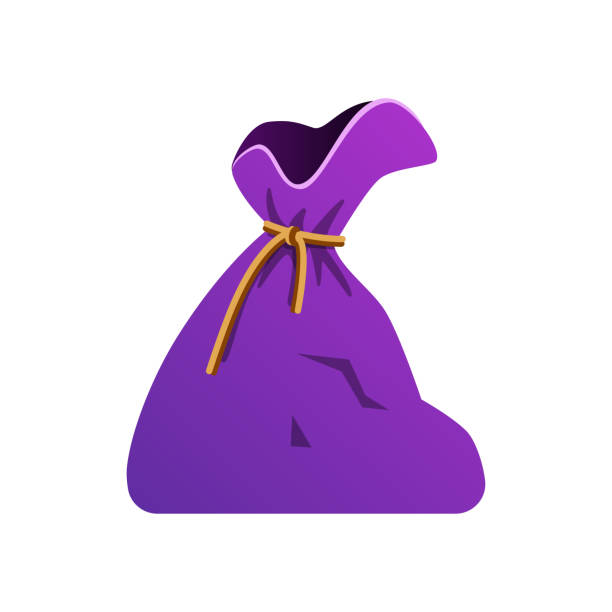 Magic bag - modern flat design style single isolated object Magic bag - modern flat design style single isolated object. Neat detailed image of mysterious purple sac. Perfect for a game characters costume and inventory or treasure images. Rope tied in a knot magician money stock illustrations