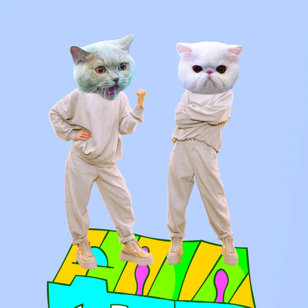 istock Minimal Contemporary collage art. Human body headed by cat head. Aggression, negative,  bulling,relationship  anger emotions concept. 1358264750