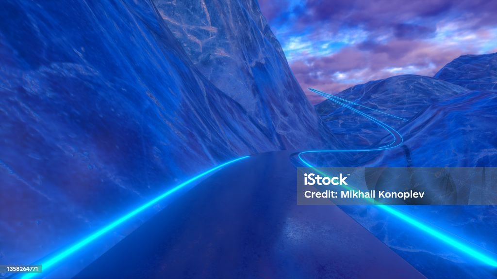 Moving through the abstract glossy ice mountains on a sunset background. Riding on Roller-Coaster with blue Neon Lights Extremely Fast Seamless. 3d rendering of Abstract Roller Coaster Technology Stock Photo
